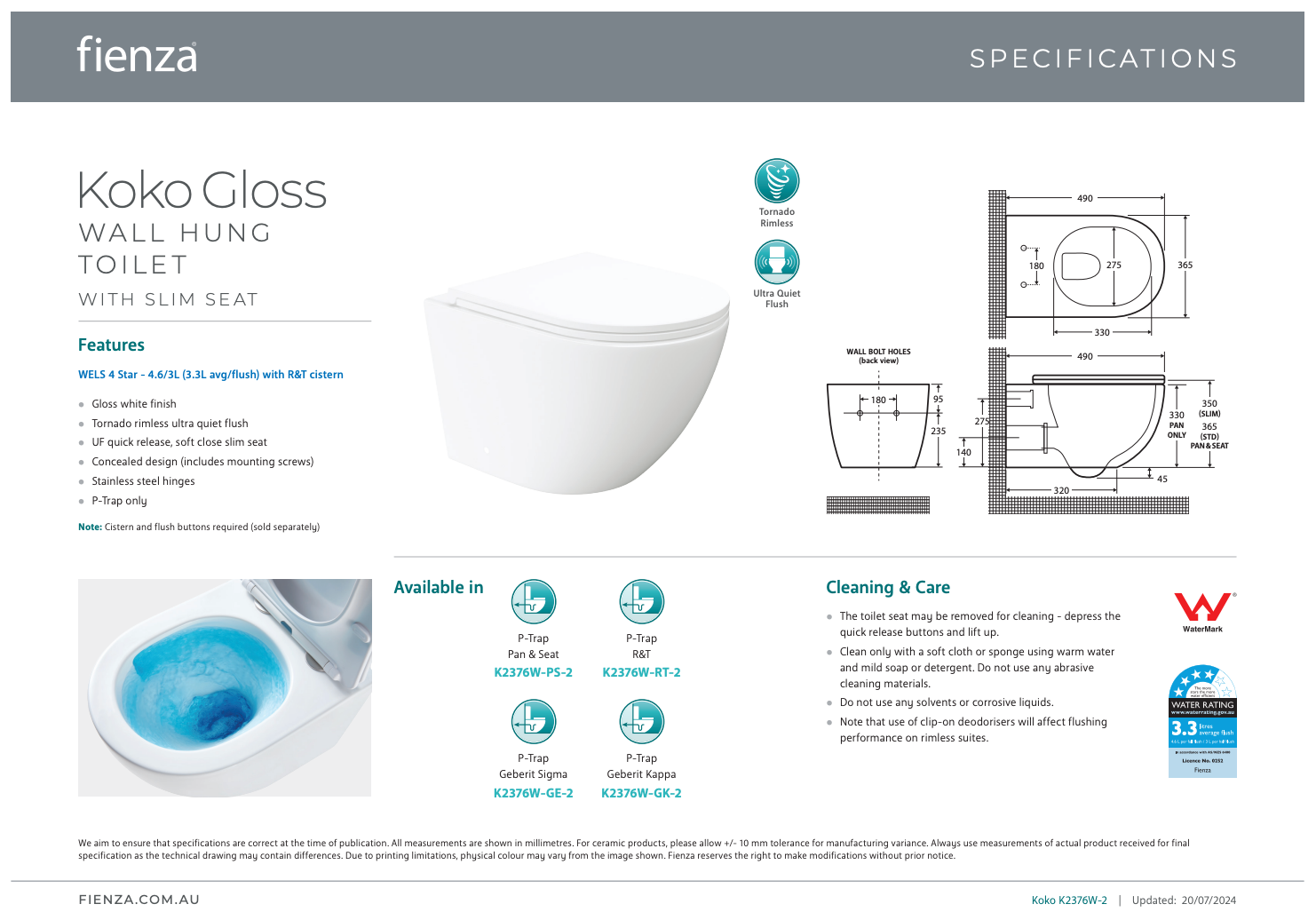 Fienza Koko Gloss White Rimless Tornado Wall Hung Toilet Pan Slim Seat