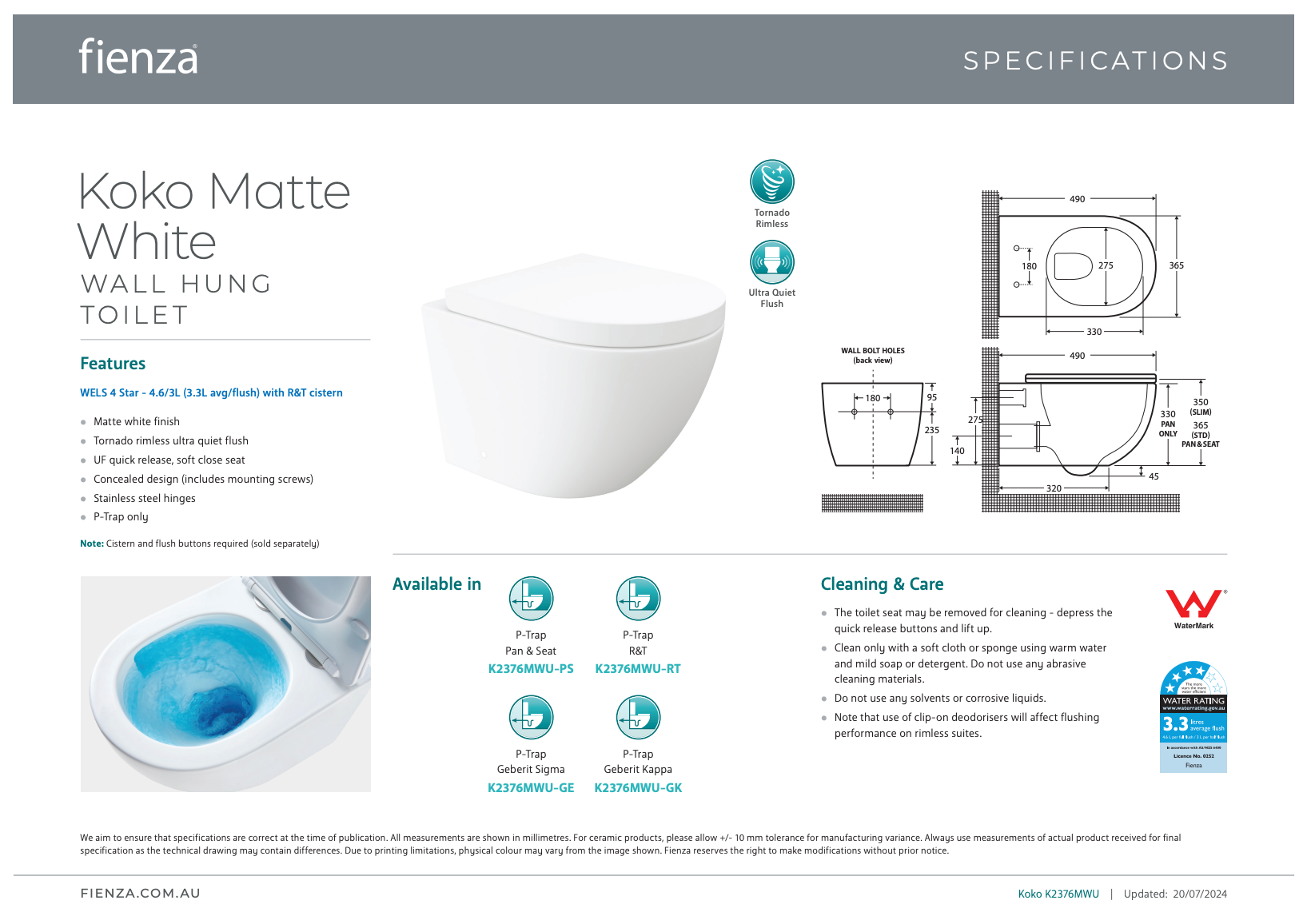 Fienza Koko Matte White Rimless Tonado Wall Hung Toilet Pan