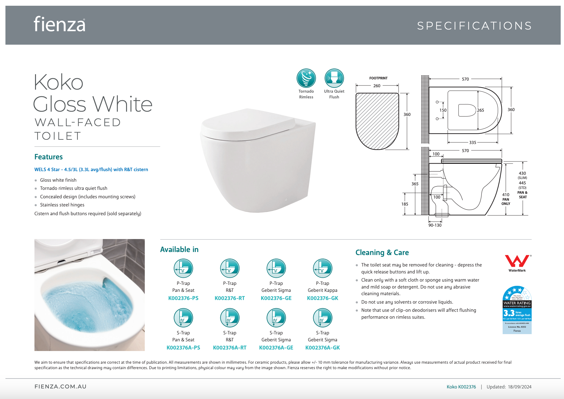 Fienza Koko Gloss White Rimless Tornado Wall Faced Pan S-Trap