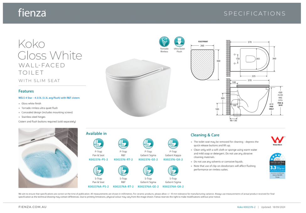 Fienza Koko Gloss White Wall Faced Toilet Pan Slim Seat