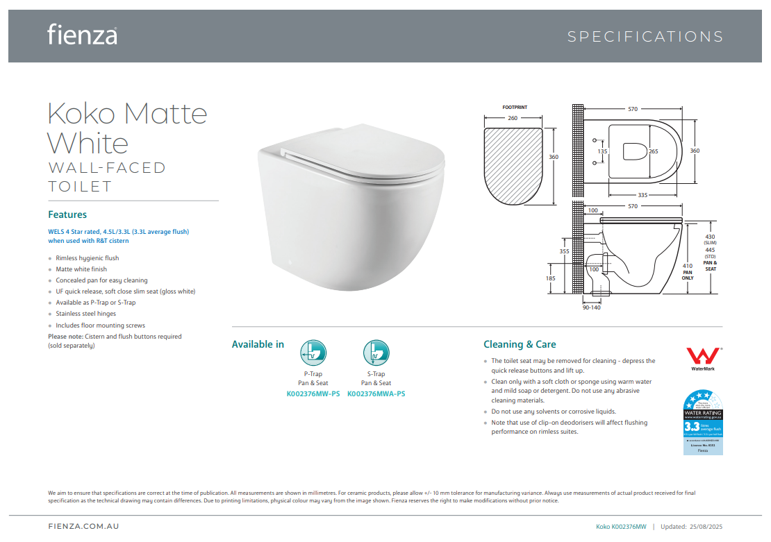 Fienza Koko Tornado Flush Wall-Faced Toilet Suite, Matte White with Slim Seat