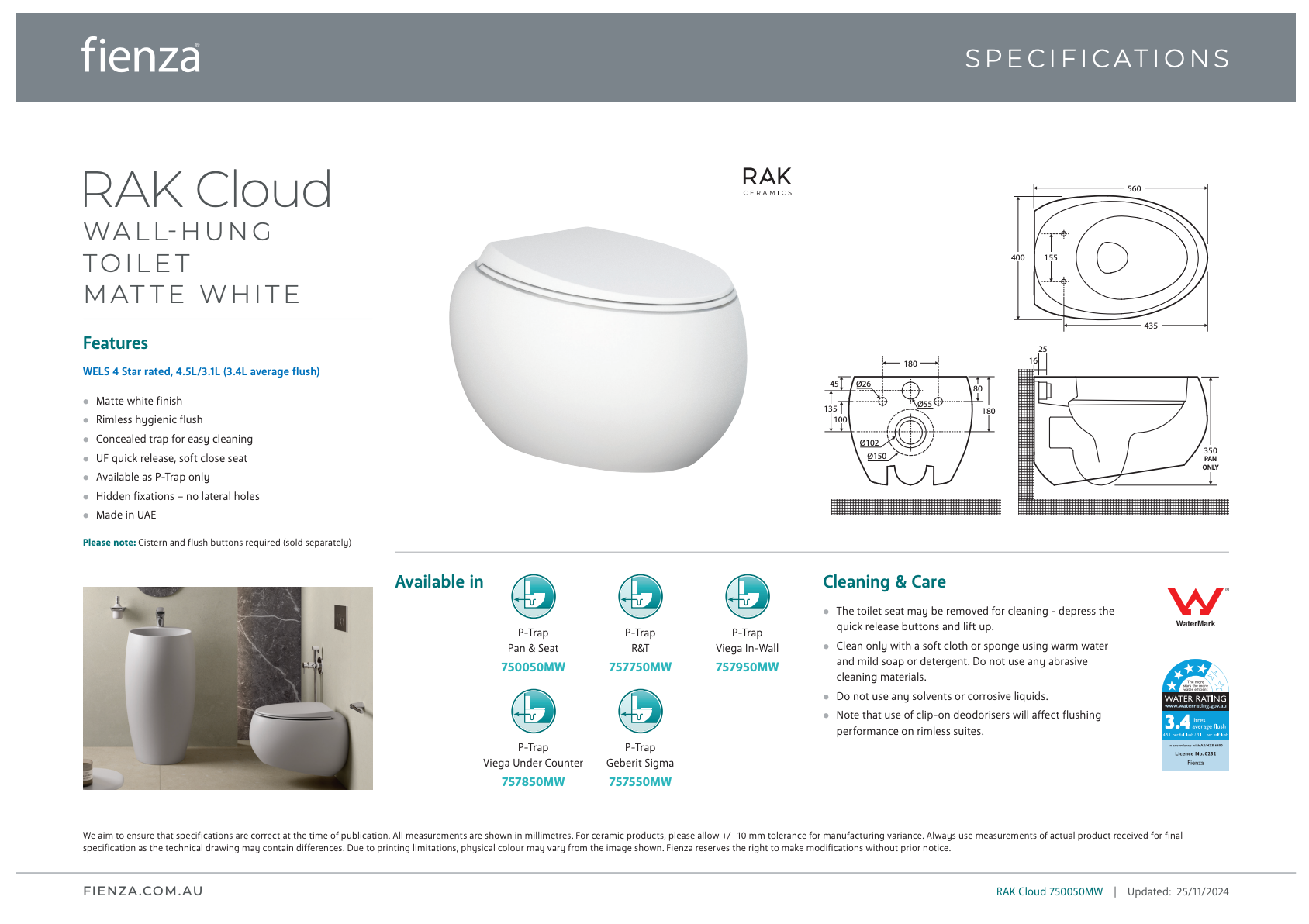 Fienza Rak Cloud Wall Hung Toilet Suite Matte White Pan Only