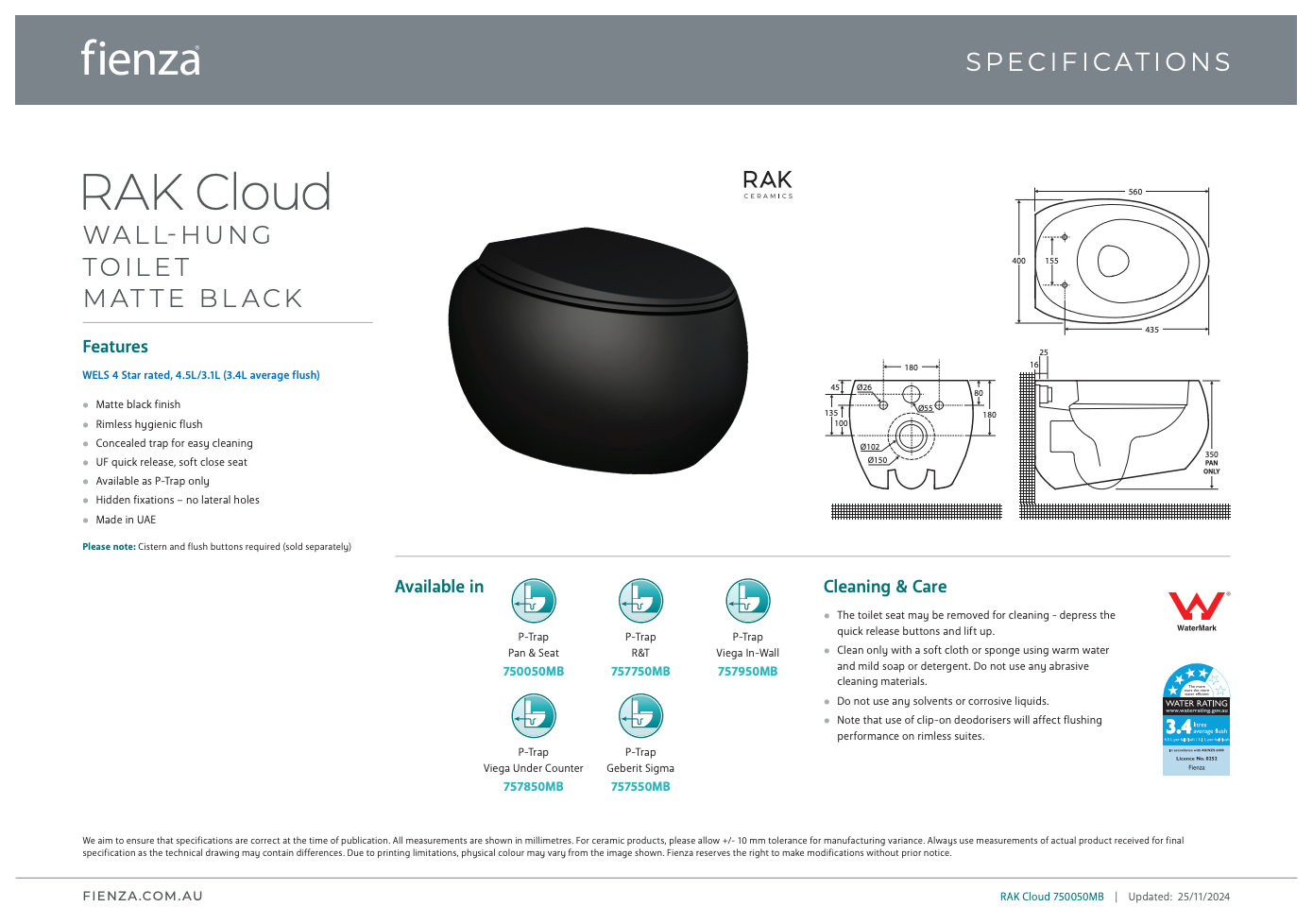 Fienza Rak Cloud Wall Hung Toilet Suite Matte Black Pan Only