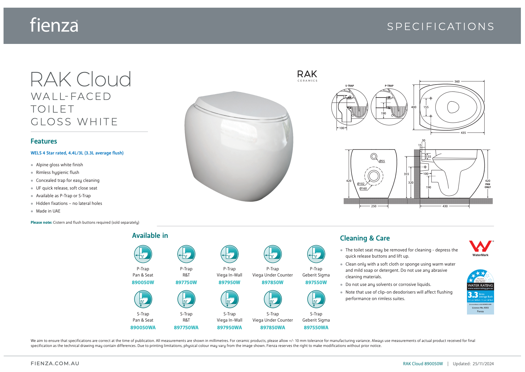 Fienza Rak Cloud Wall Faced Toilet Suite Alpine White Pan Only