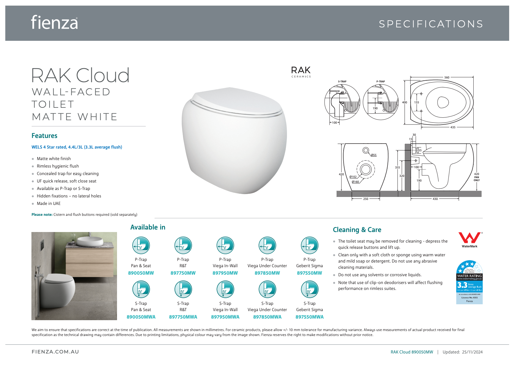 Fienza Rak Cloud Wall Faced Toilet Suite Matte White Pan Only