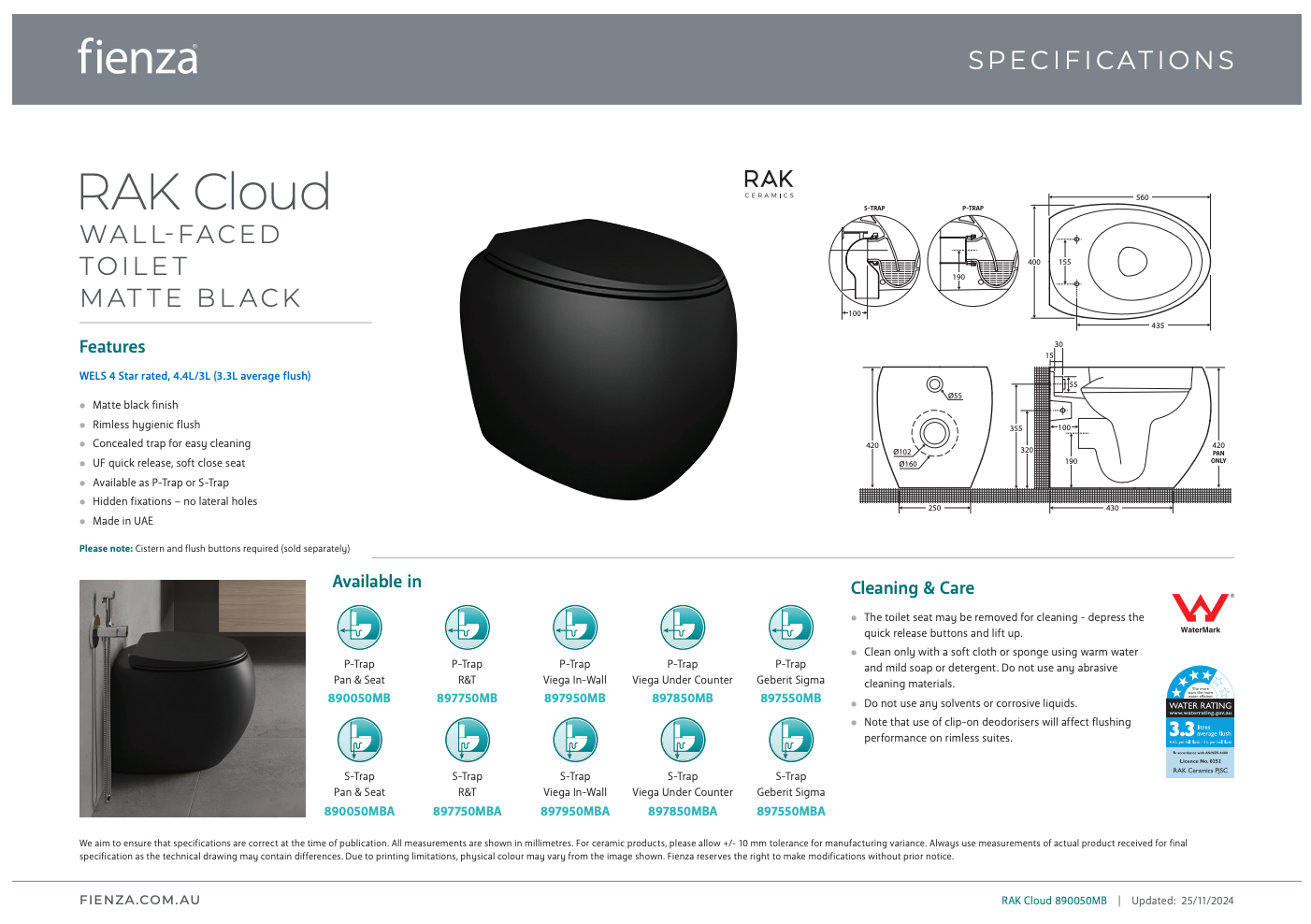 Fienza Rak Cloud Wall Faced Toilet Suite Matte Black Pan Only