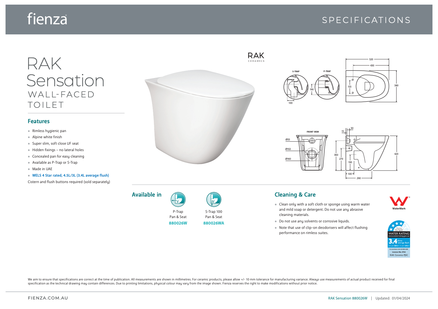 Fienza Rak Sensation Wall Faced Toilet Pan Only Gloss White