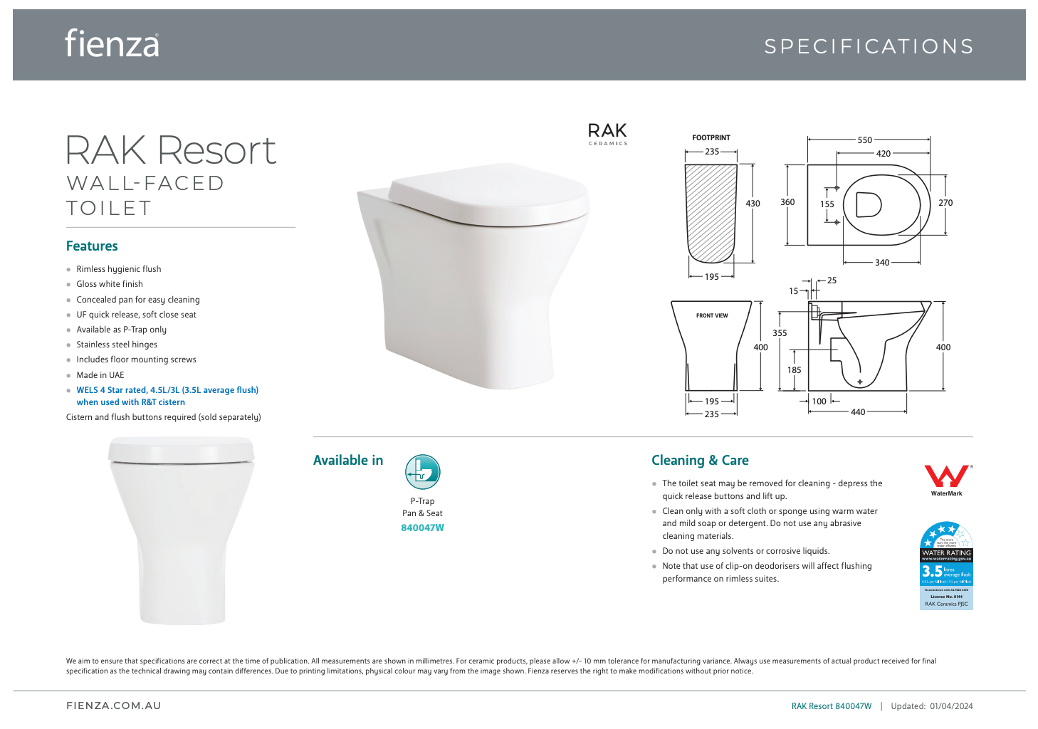 Fienza Rak Resort Wall Faced Toilet Pan Only Gloss White