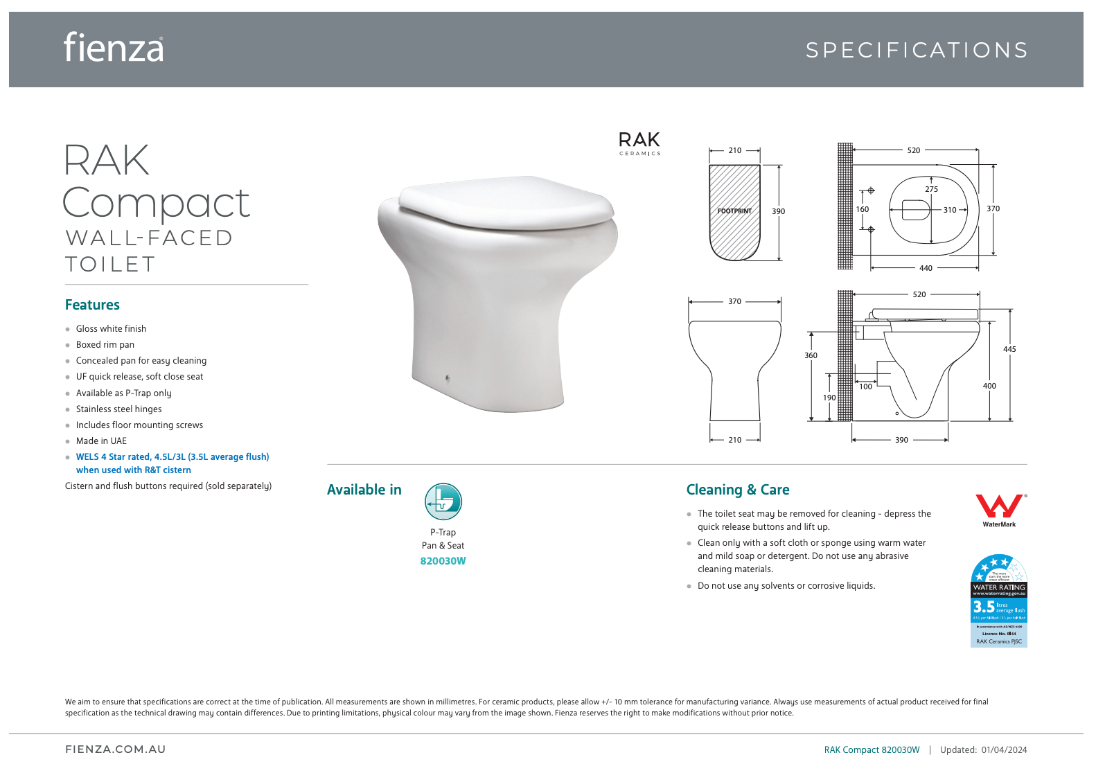 Fienza Rak Compact Wall Faced Toilet Pan Only Gloss White