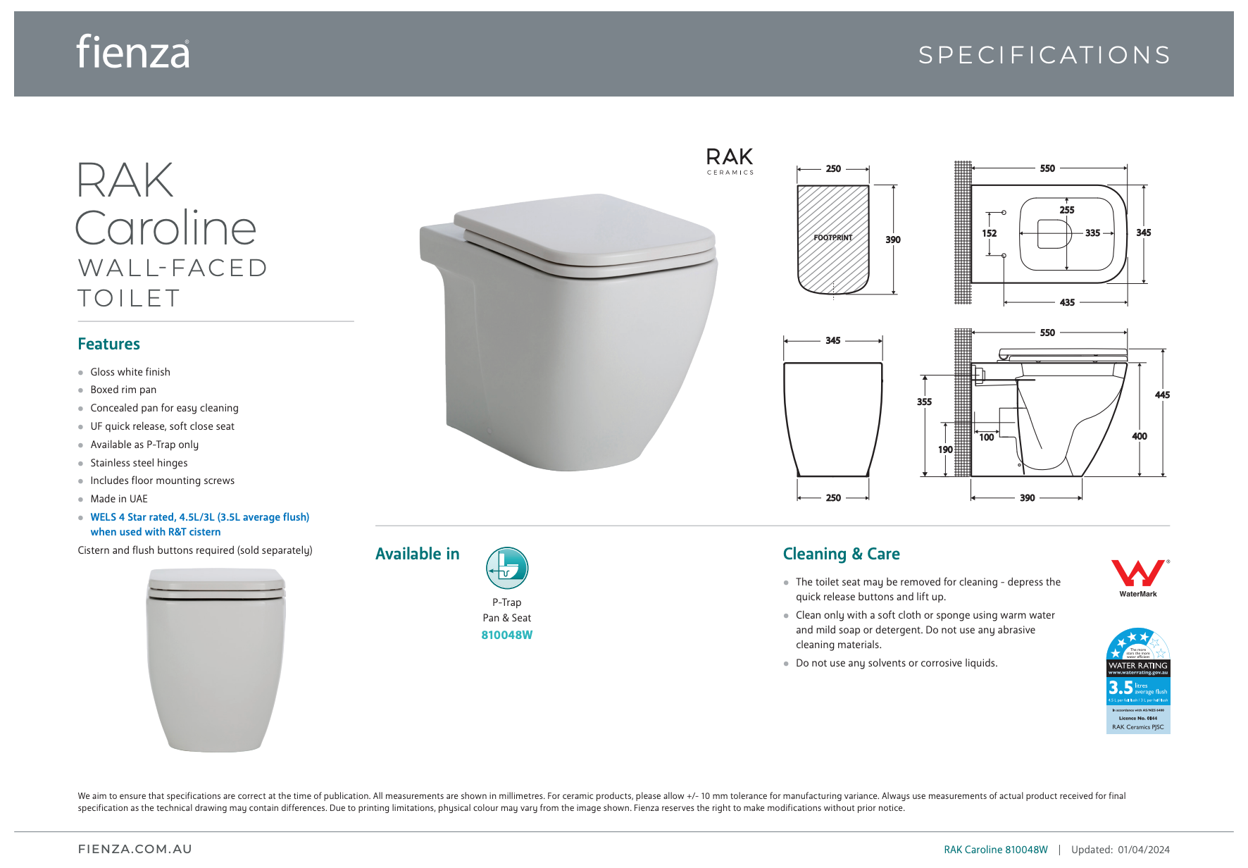 Fienza RAK Caroline Wall-Faced Toilet Pan Only Gloss White
