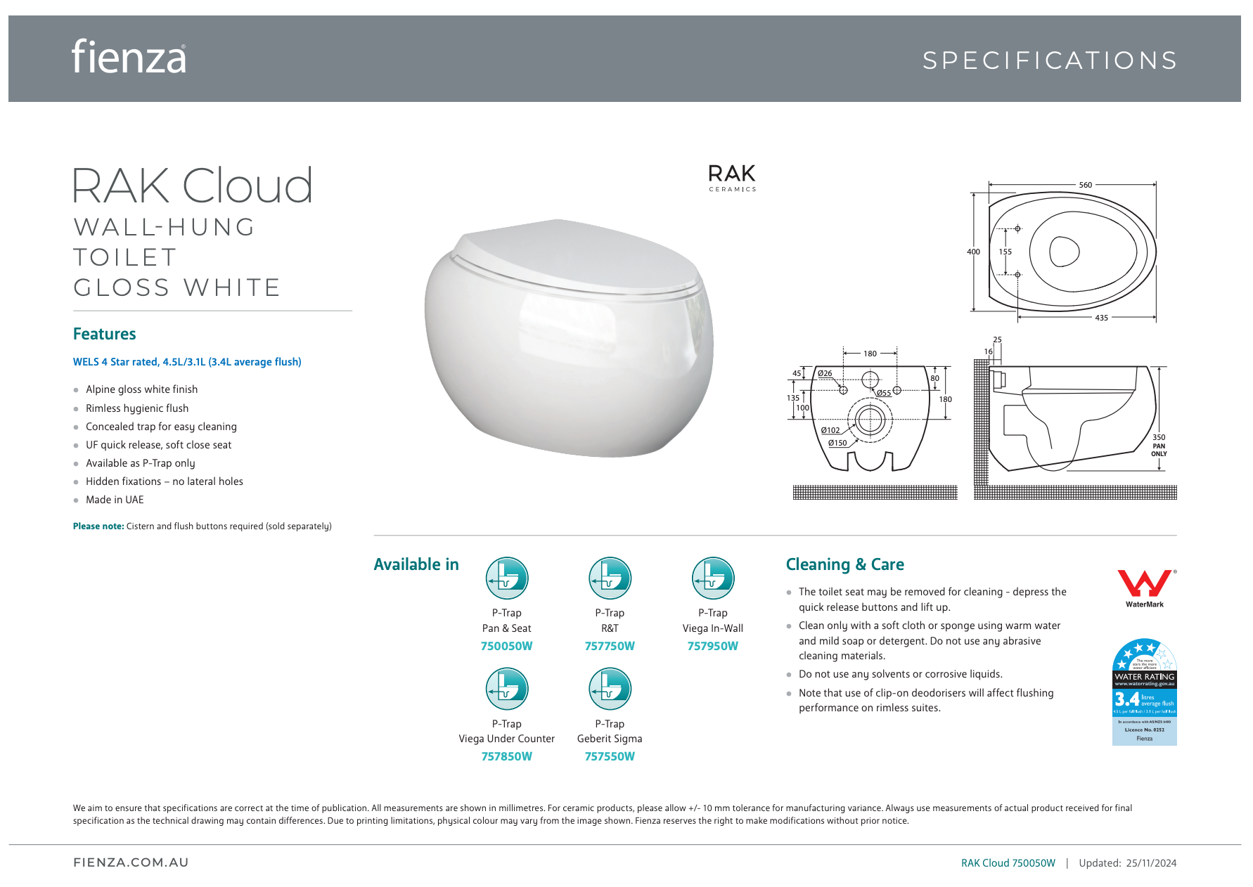 Fienza Rak Cloud Wall Hung Toilet Suite Alpine White Pan Only