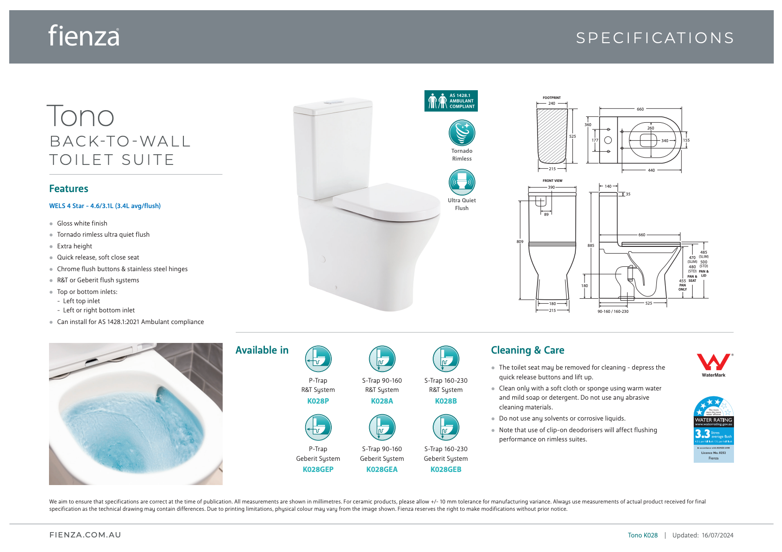 Fienza Tono Tornado Flush Back-to-Wall Toilet Suite Gloss White