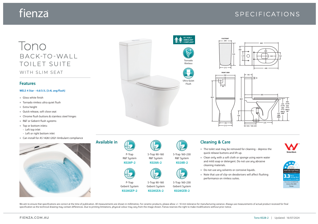 Fienza Tono Tornado Flush Back-to-Wall Toilet Suite, Gloss White with Slim Seat