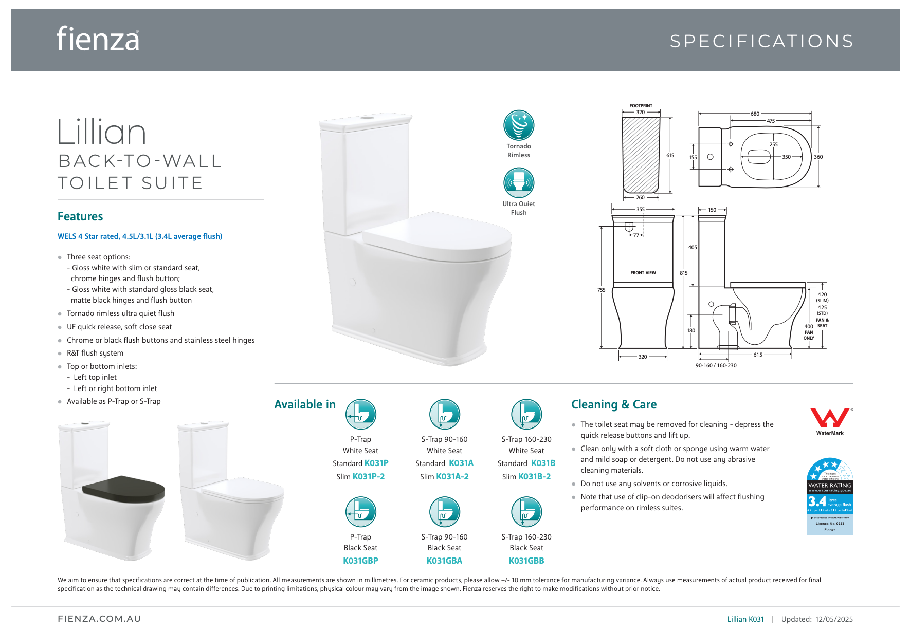 Fienza Lillian Tornado Flush Back-to-Wall Toilet Suite Gloss White