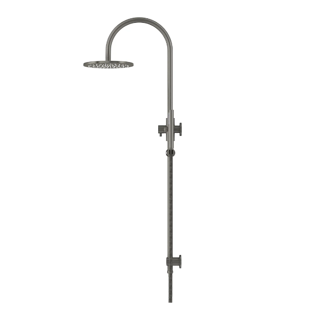 Meir Round Gooseneck Shower Set with 200mm rose, Single-Function Hand Shower Gun Metal
