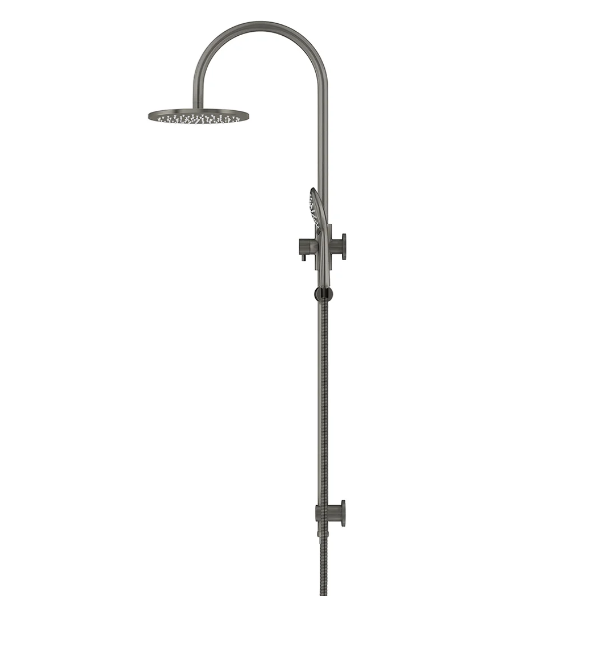Meir Round Gooseneck Shower Set with 200mm rose, Three-Function Hand Shower Gun Metal