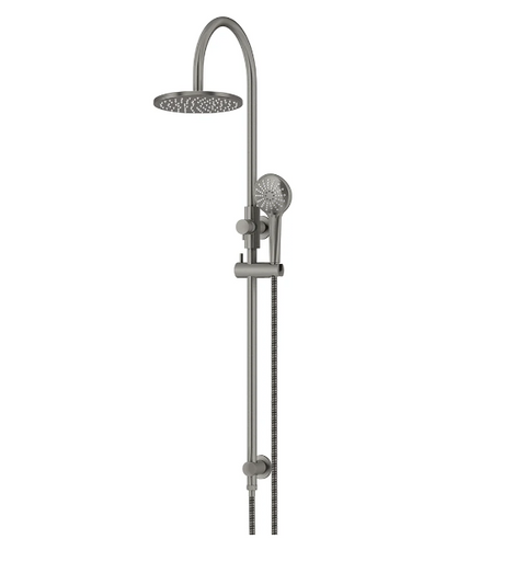 Meir Round Gooseneck Shower Set with 200mm rose, Three-Function Hand Shower Gun Metal