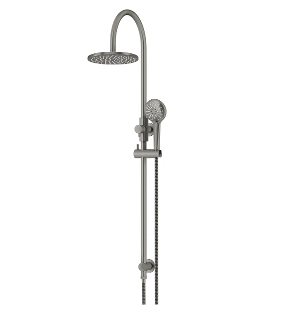 Meir Round Gooseneck Shower Set with 200mm rose, Three-Function Hand Shower Gun Metal