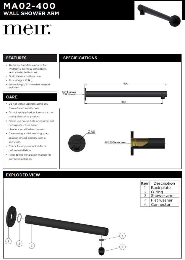 Meir Round Wall Shower Arm 400mm