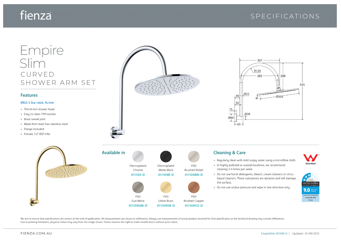 Fienza Empire Slim Curved Shower Arm Set Chrome