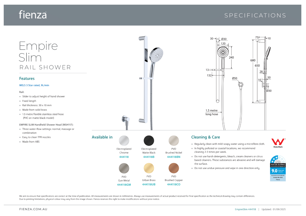 Fienza Empire Slim Rail Shower Chrome
