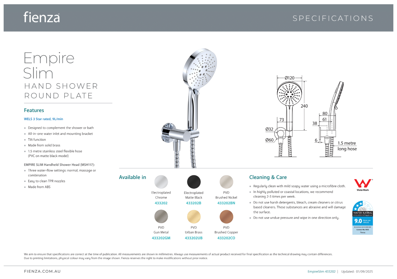 Fienza Empire Slim Hand Shower Chrome