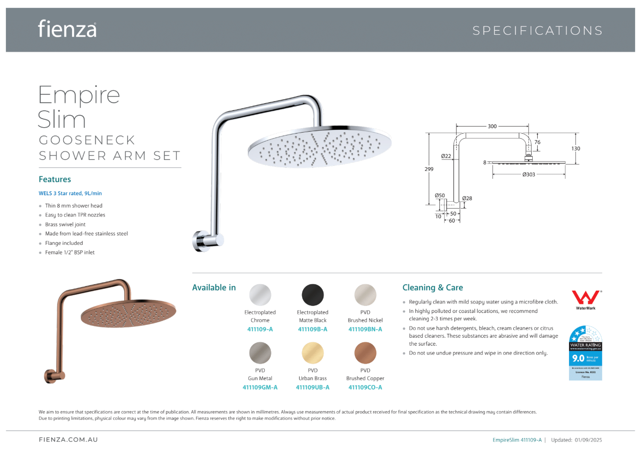 Fienza Empire Slim Gooseneck Shower Arm Set Chrome
