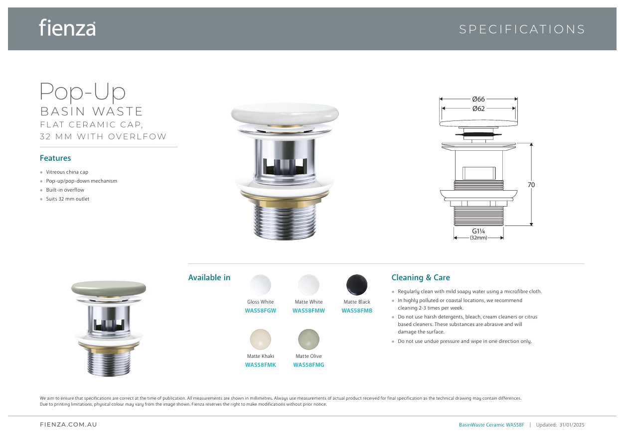 Fienza Pop-Up 32mm Overflow Basin Waste, Gloss White Flat Ceramic Cap