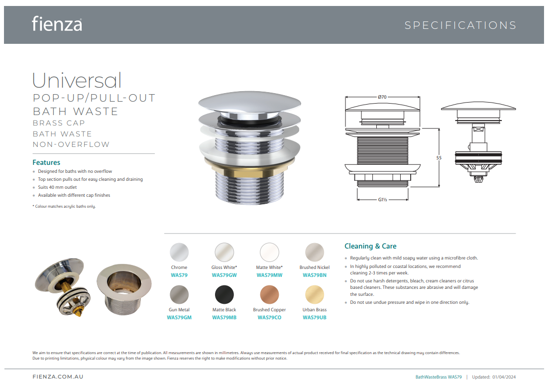 Fienza Universal Pull-Out/Pop-Up NO Overflow Gloss White