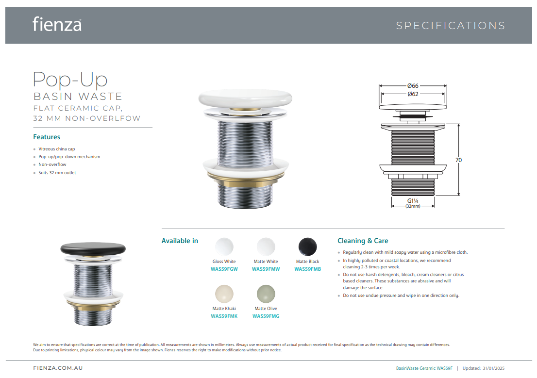 Fienza Pop Up 32mm Waste Flat Cap No Overflow Matte White