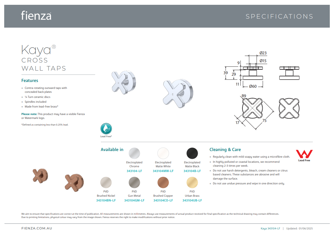 Fienza Kaya Cross Wall Taps, Chrome