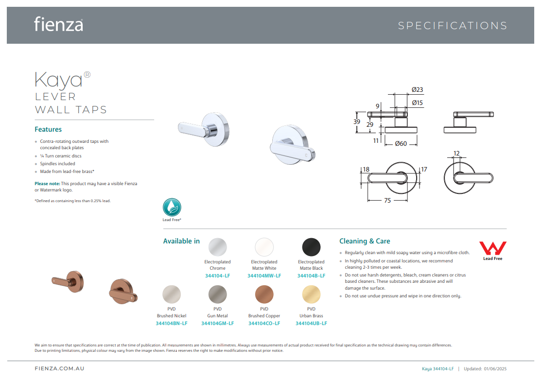Fienza Kaya Lever Wall Taps, Chrome