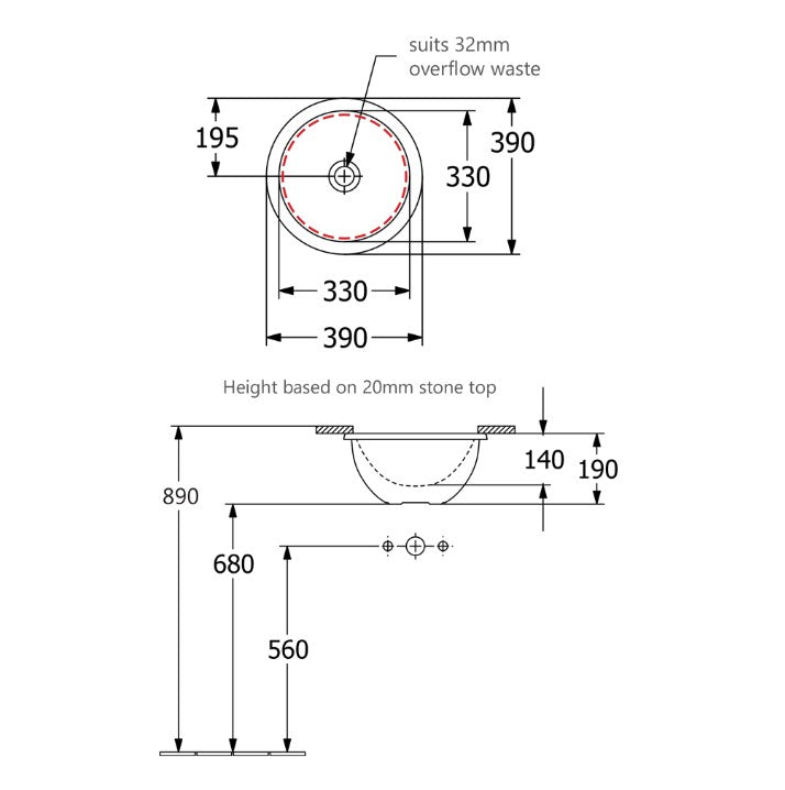 Villeroy & Boch Loop Slim 330 Round Under Counter Basin No Taphole Stone White