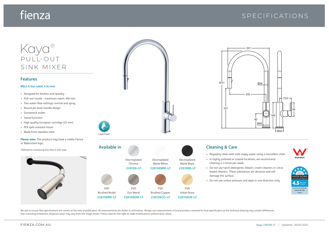 Fienza Kaya Pull Out Sink Mixer Brushed Copper