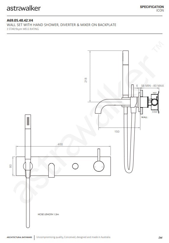 Astra Walker Wall Set with Hand Shower Diverter Mixer on Backplate