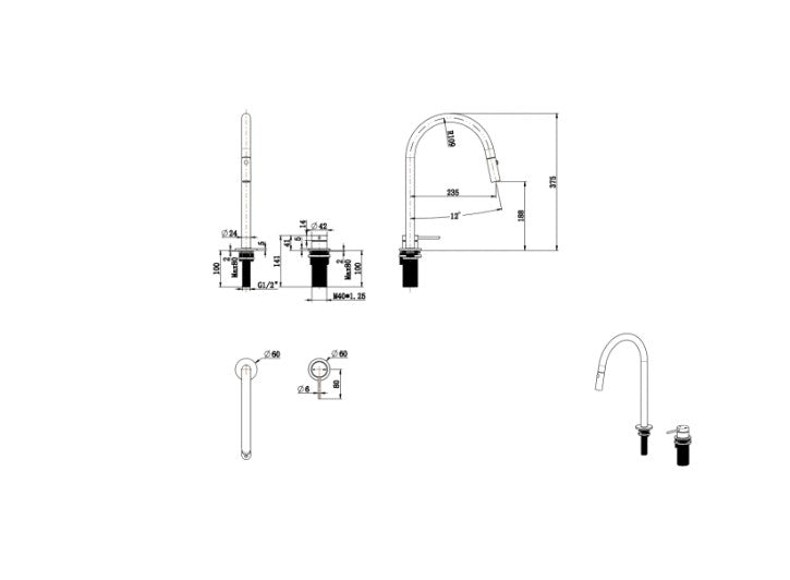 Bella Vista Mica Pull Out Hob Mixer Set Gun Metal