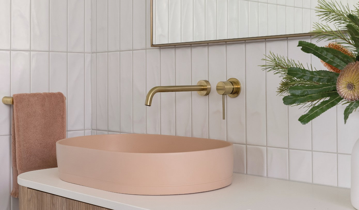 Phoenix Vivid Slimline Wall Basin Spout 230mm Curved Brushed Gold - Lead Free