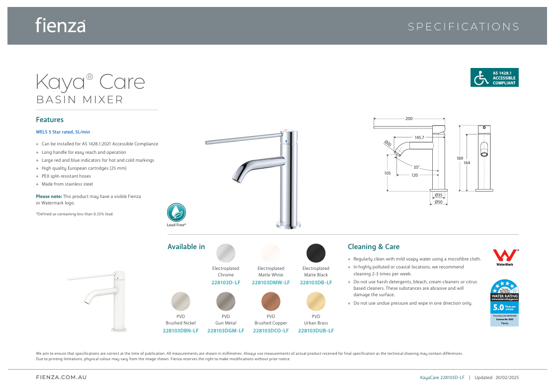 Fienza Kaya Care Basin Mixer, Matte White