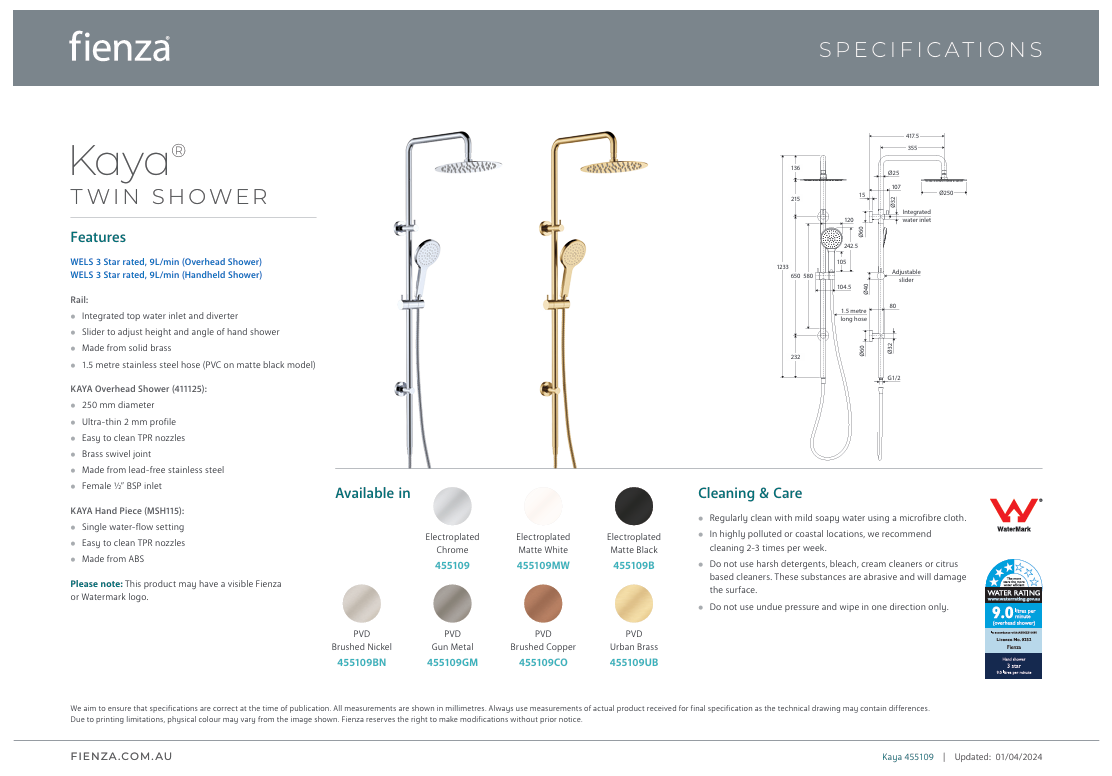 Fienza Kaya Twin Rail Shower Brushed Nickel