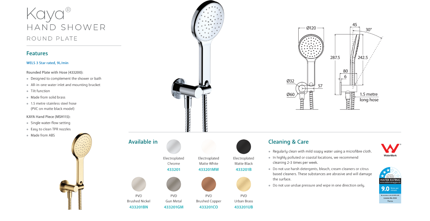 Fienza Kaya Hand Shower, Round Plate, Matte White
