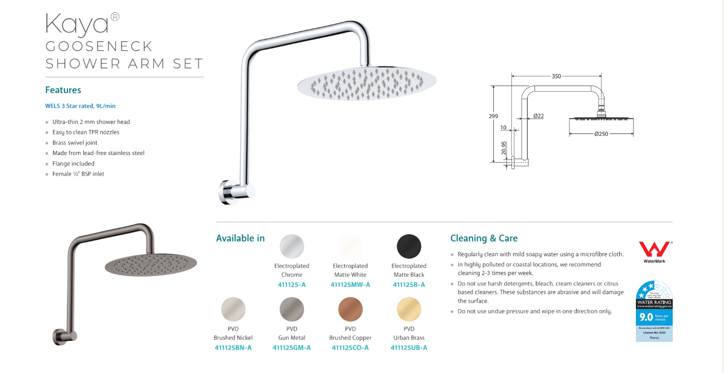 Fienza Kaya Gooseneck Shower Arm Set Chrome