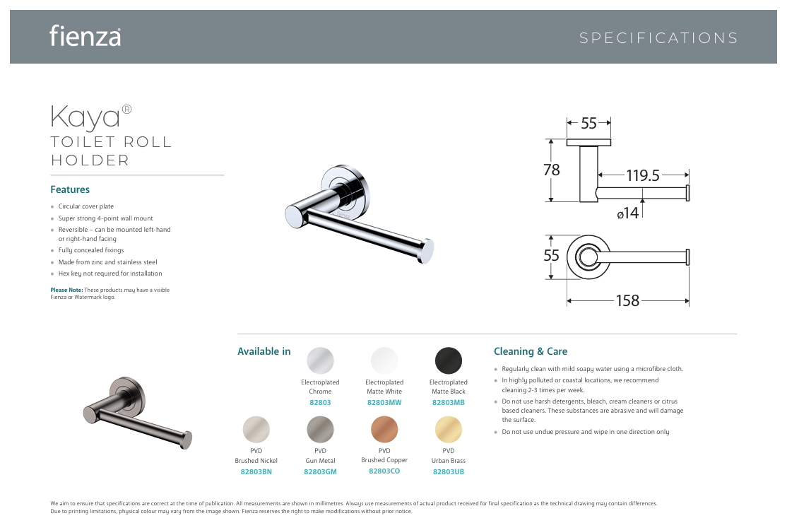 Fienza Kaya Toilet Roll Holder, Brushed Copper