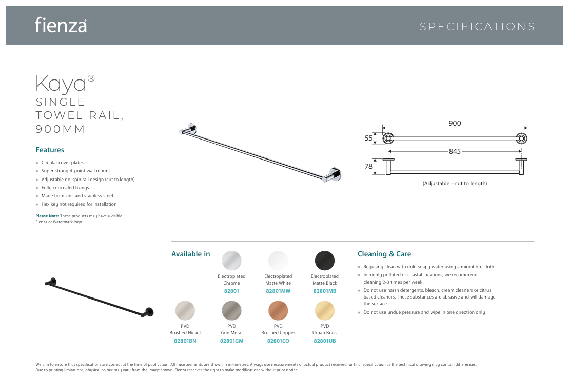 Fienza Kaya Single Towel Rail, 900mm, Gun Metal