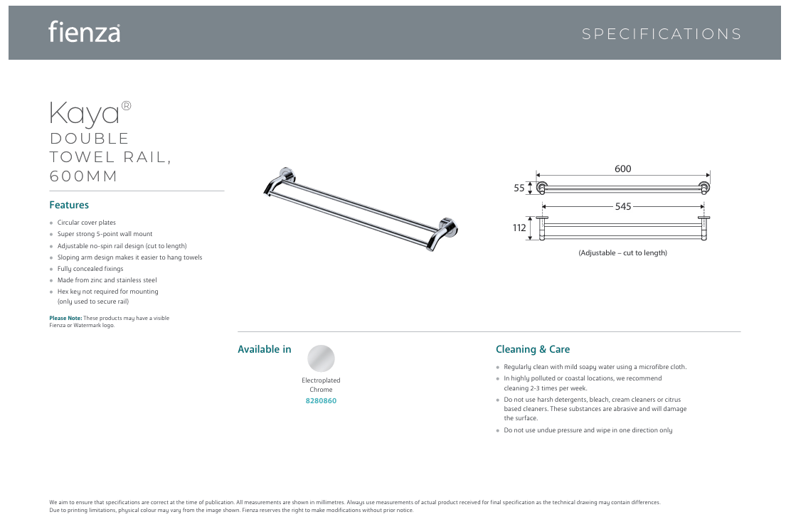 Fienza Kaya Double Towel Rail, 600mm, Chrome