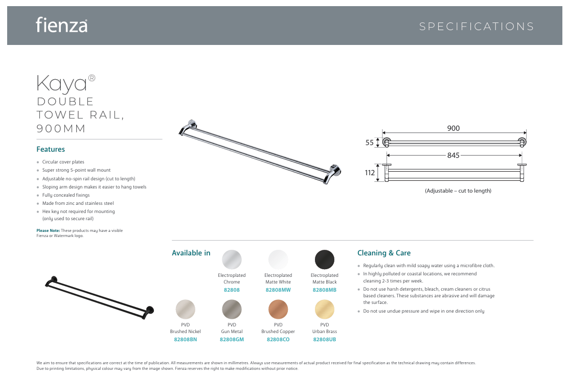 Fienza Kaya Double Towel Rail, 900mm, Gun Metal