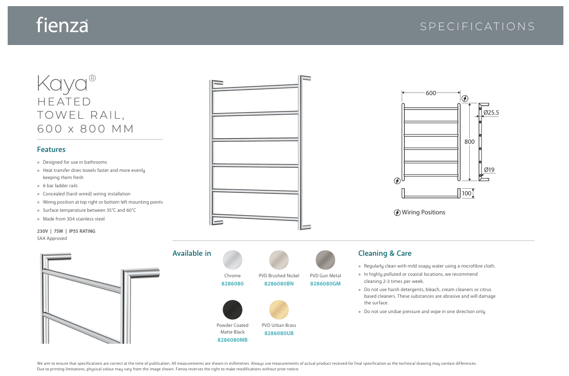 Fienza Kaya Heated Towel Rail, 600 x 800mm, Chrome
