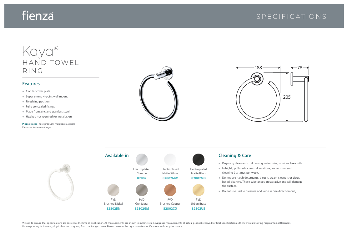 Fienza Kaya Hand Towel Ring, Brushed Copper