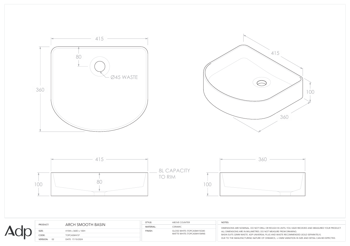 ADP Arch Smooth above counter basin