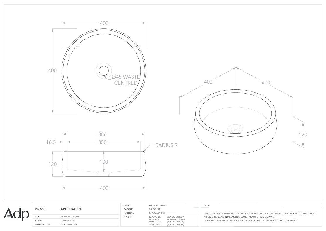 ADP Arlo Royal Beige Above counter basin