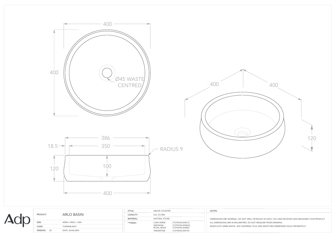 ADP Arlo Travertine Countertop Basin